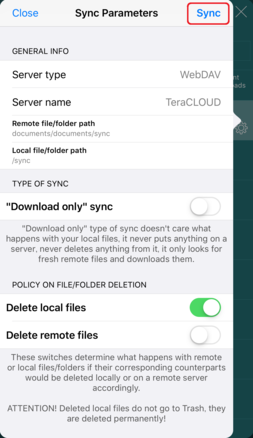 同期の設定をして「Sync」をタップ